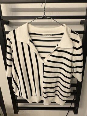 KAILY K Black & White Cropped Striped Knit Polo Sweater | Size L